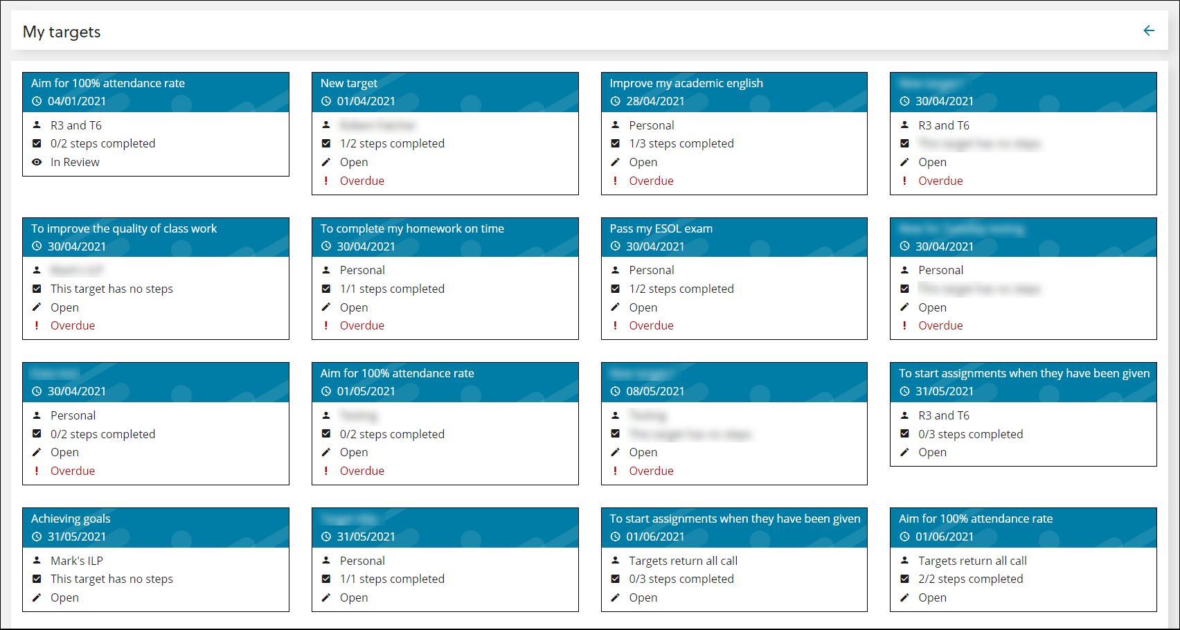 My targets page